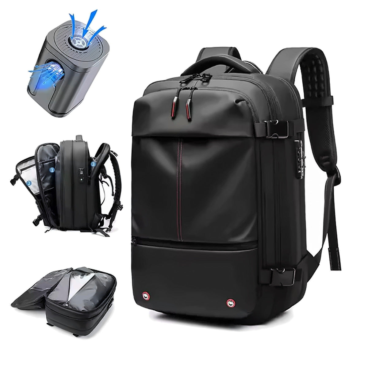 Vacuum compression backpack with its compression chamber and rechargeable pump