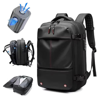 Vacuum compression backpack with its compression chamber and rechargeable pump
