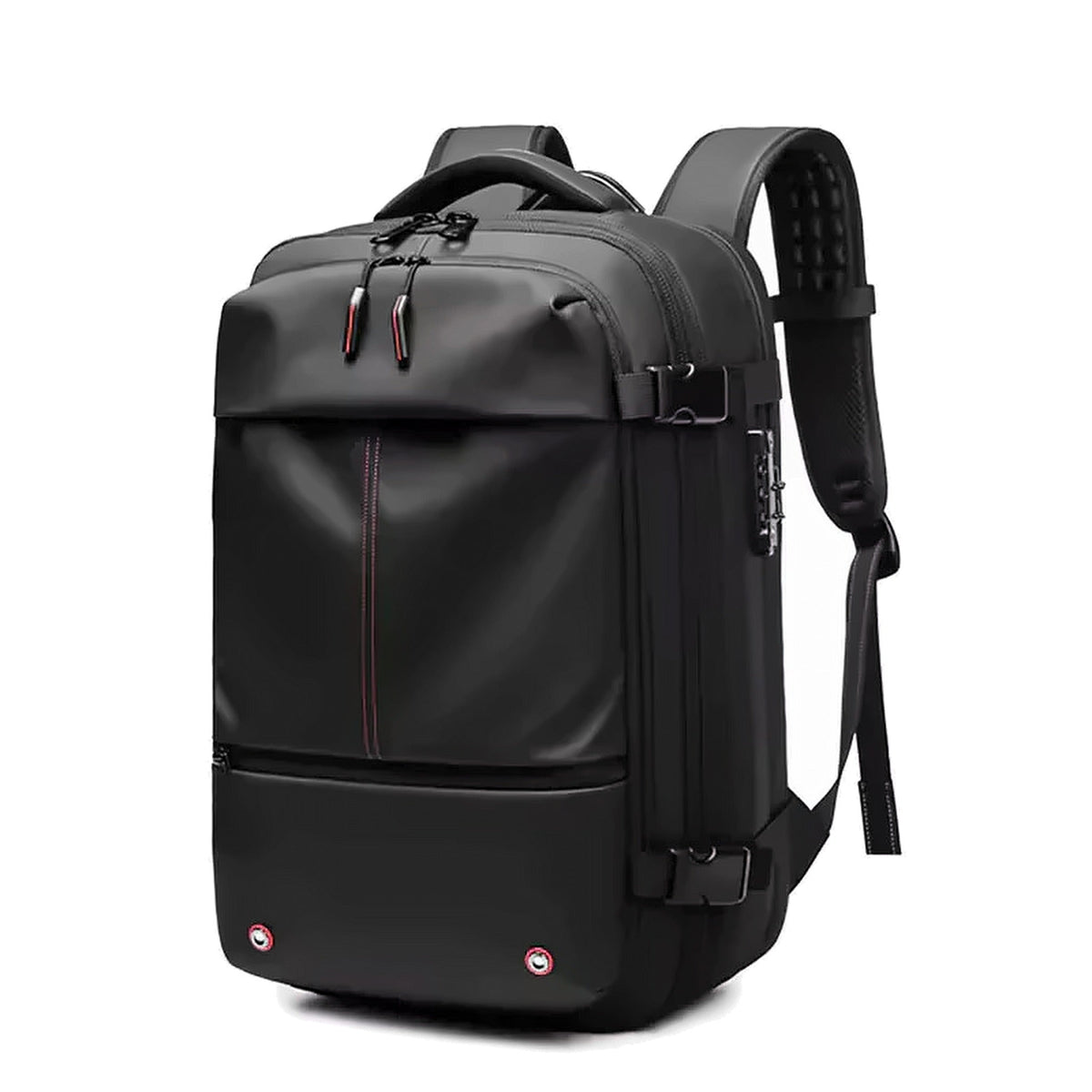Vacuum compression backpack in black seen from the front