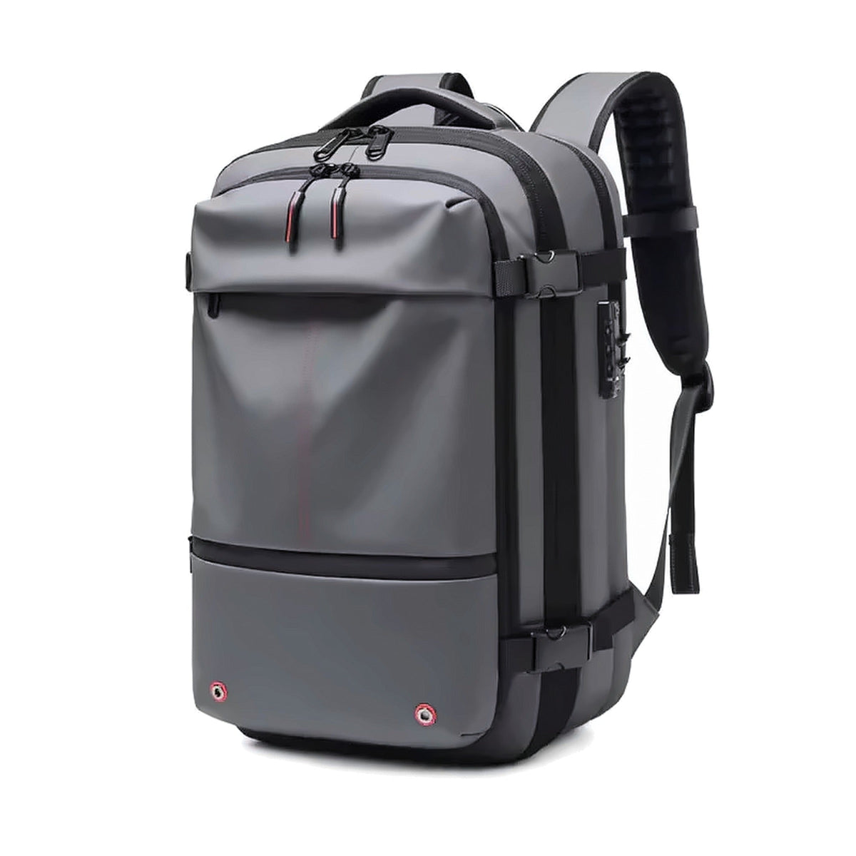 Vacuum compression backpack in grey seen from the front