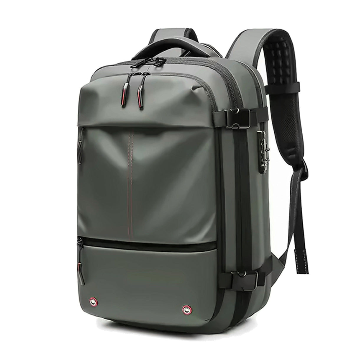 Vacuum compression backpack in green seen from the front
