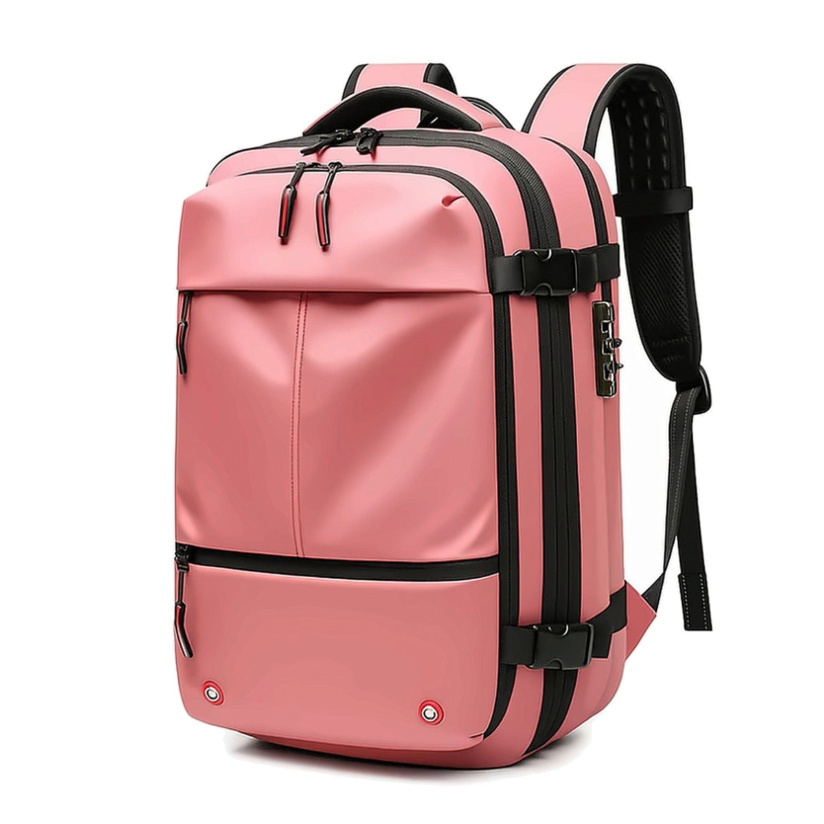 Vacuum compression backpack in pink seen from the front