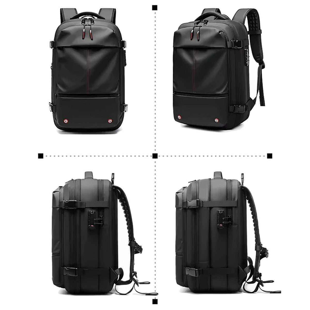 The backpack shown from the front, side, back and top