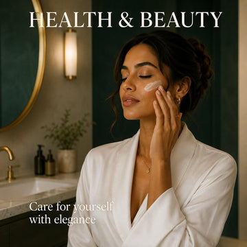 Woman in a white robe applying face cream beside a brass mirror, Health & Beauty