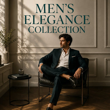 Man in a dark suit seated in a leather chair in a panelled room, Men's Elegance Collection