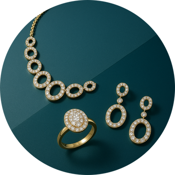 Gold necklace, ring and drop earrings on a deep teal backdrop