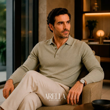 Man in a sage knit polo and linen trousers in an armchair