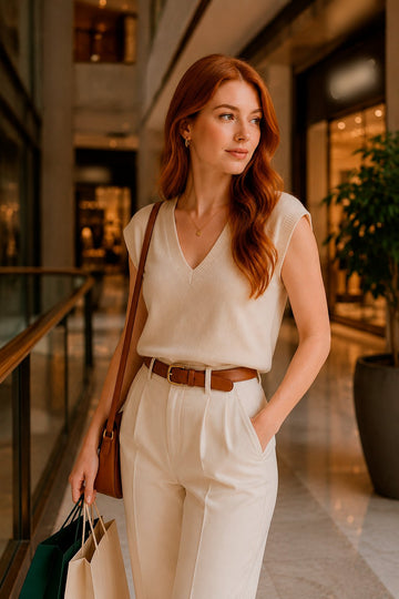 Woman in an ivory knit vest and pleated trousers with a tan crossbody bag