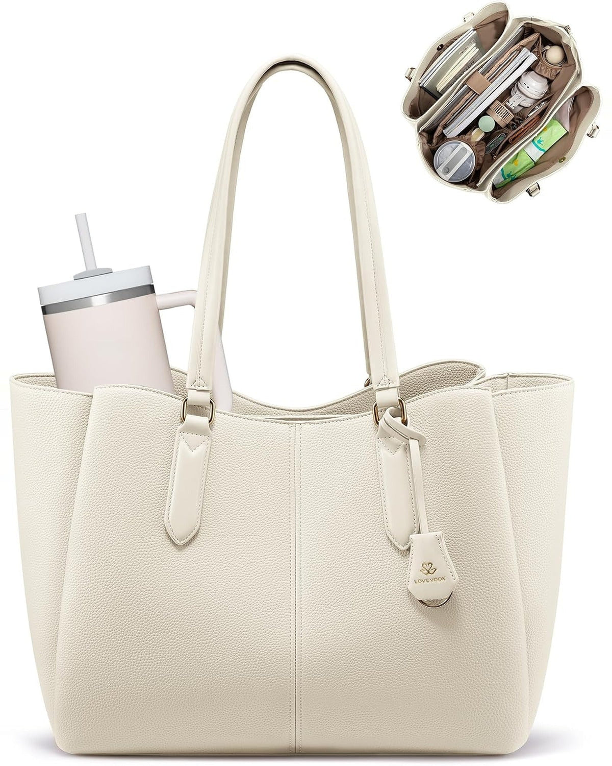Triple-compartment work tote in off-white seen from the front