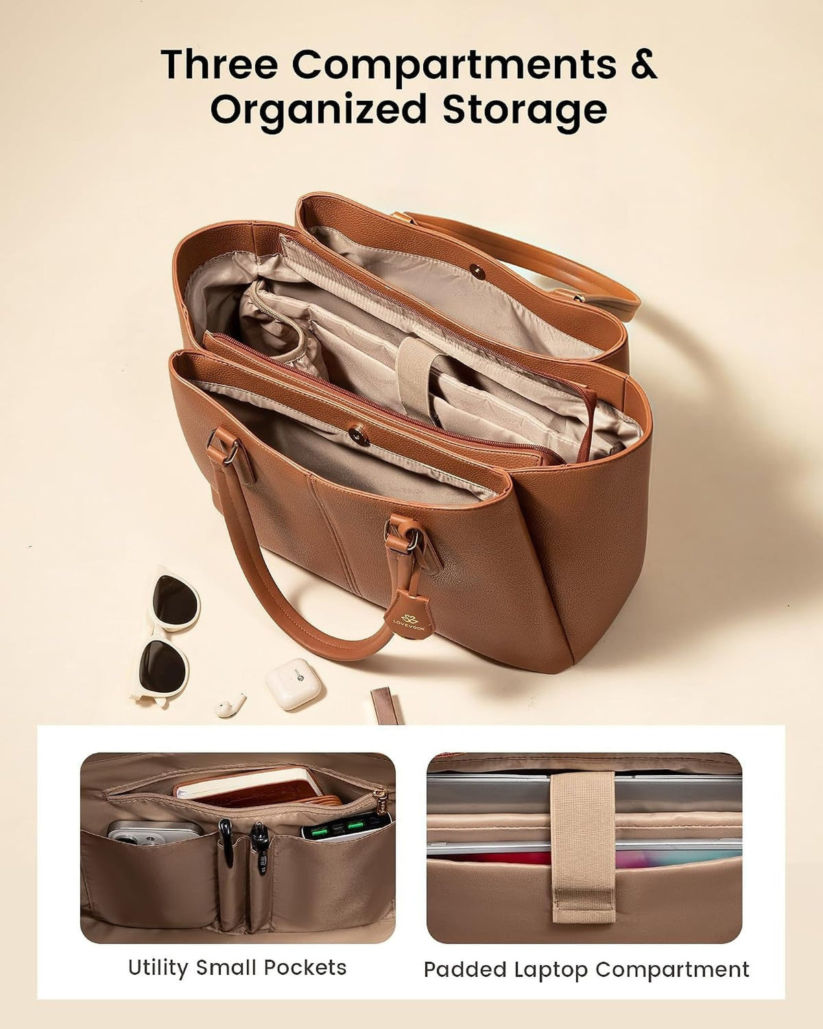 Work tote with its three sections open and the zipped laptop sleeve in the middle