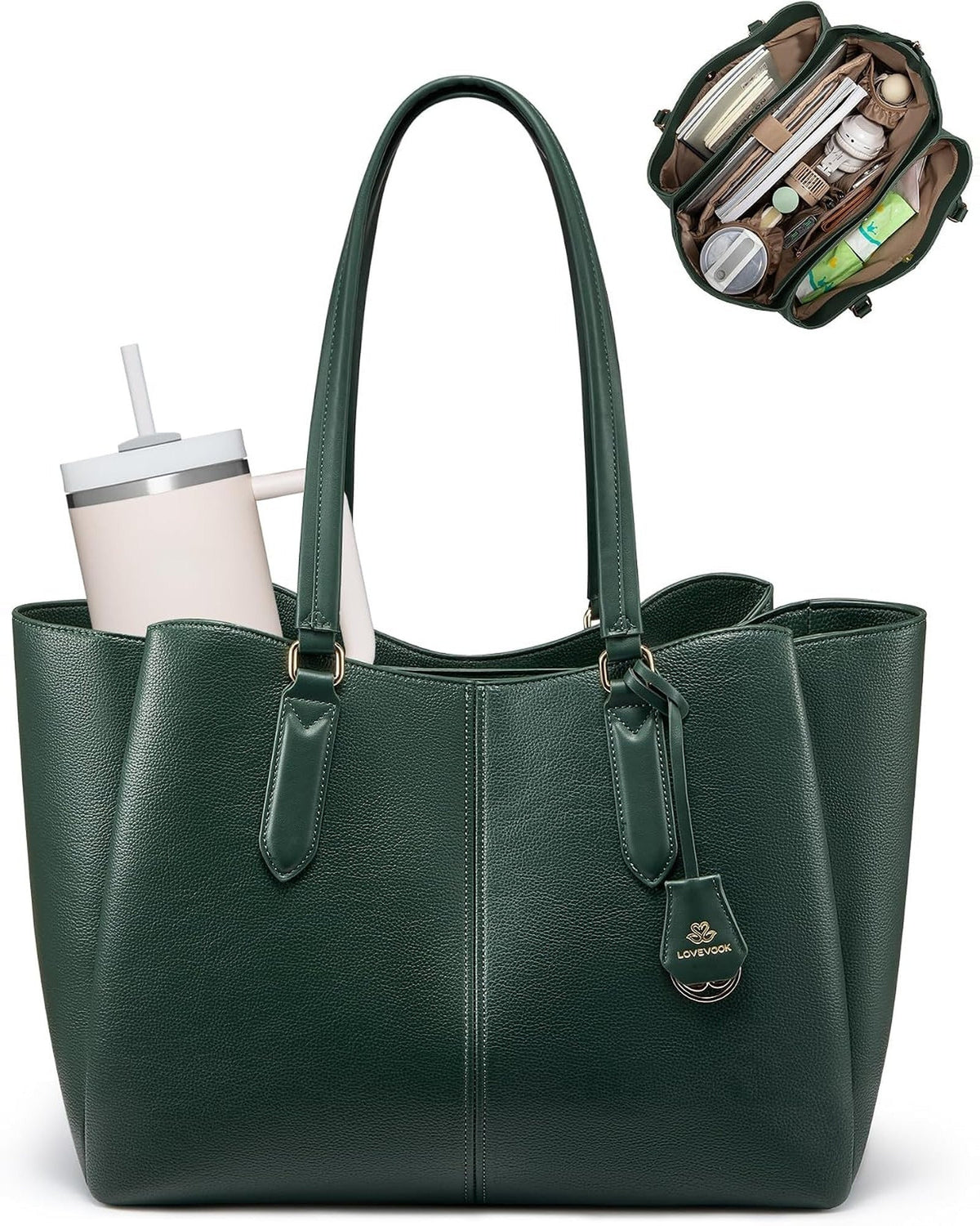 Triple-compartment work tote in forest green seen from the front