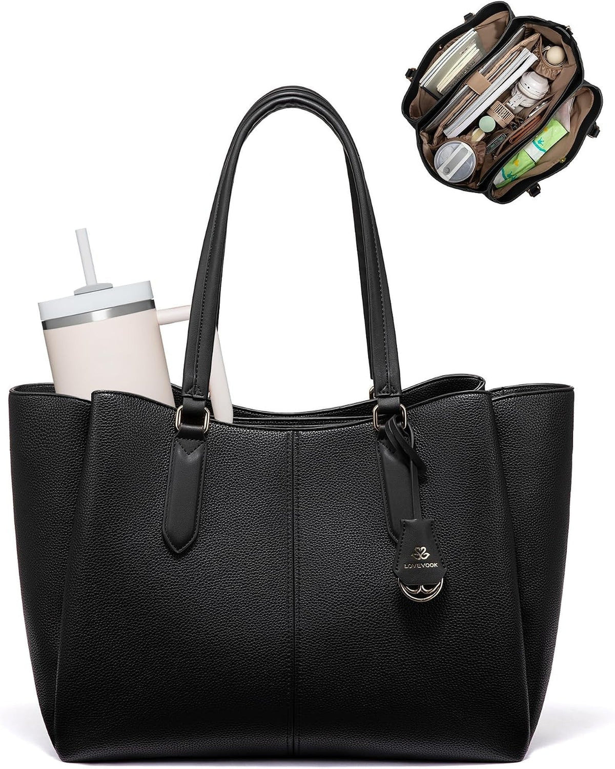 Triple-compartment work tote in black seen from the front