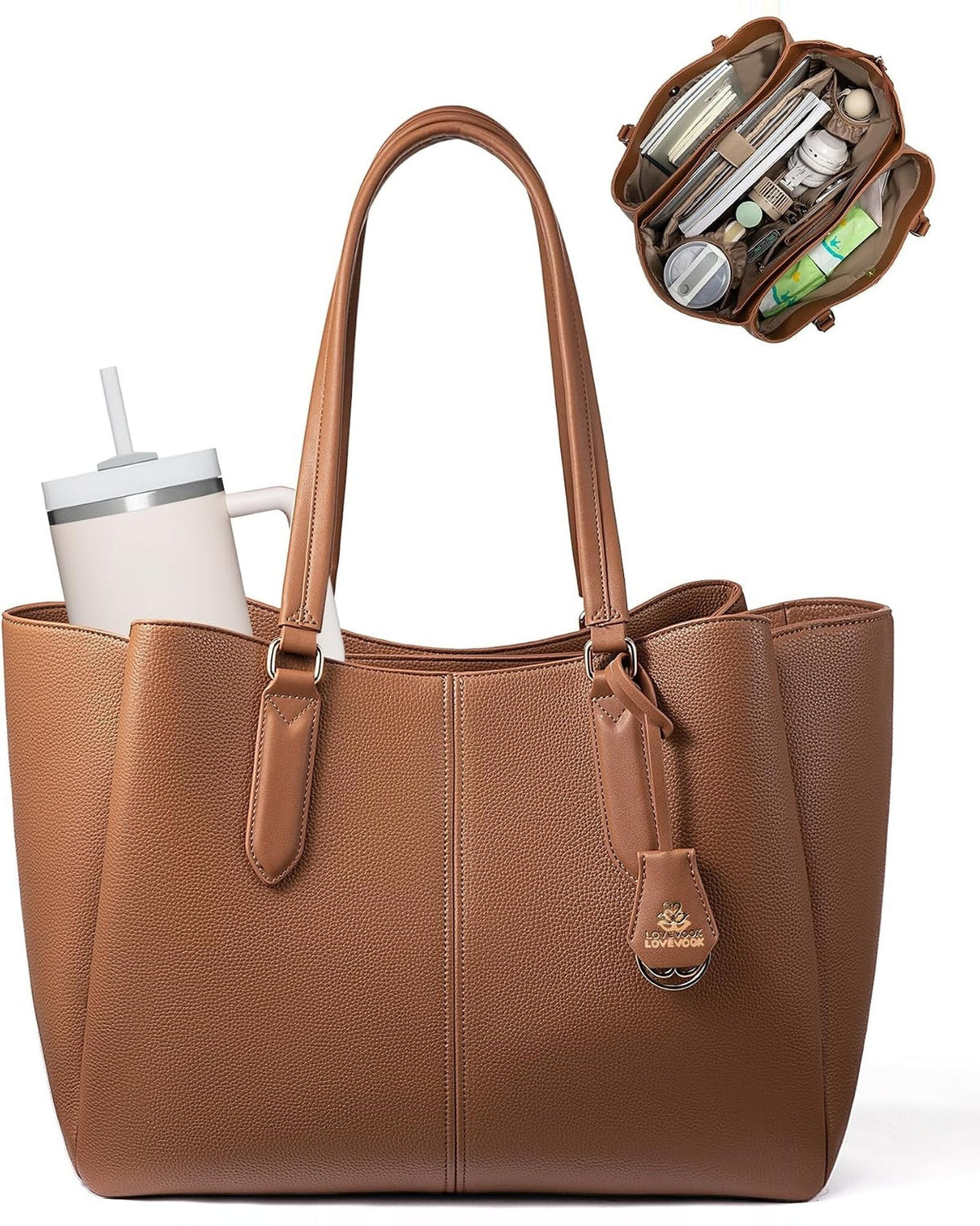 Triple-compartment work tote in brown seen from the front
