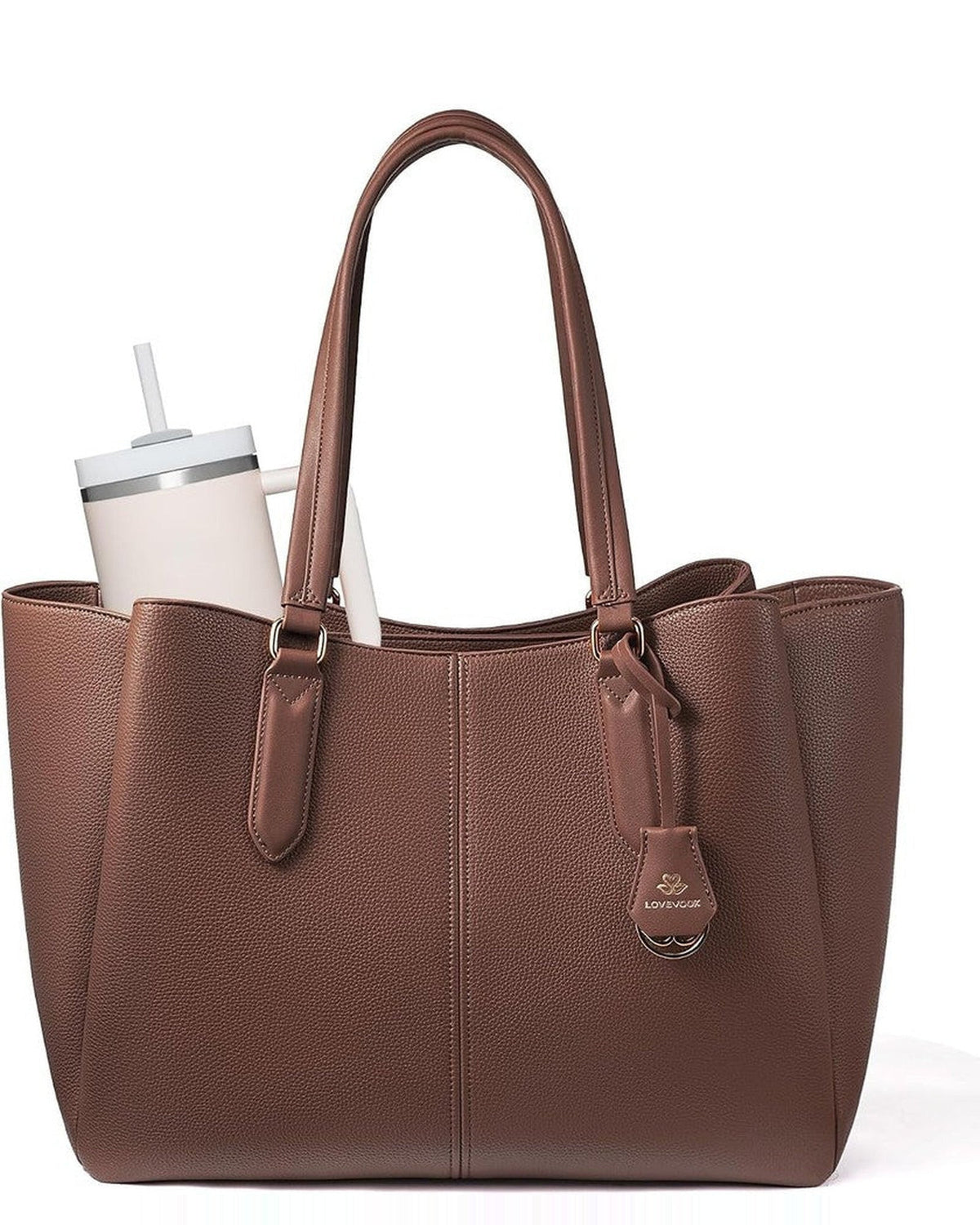 Triple-compartment work tote in deep brown seen from the front