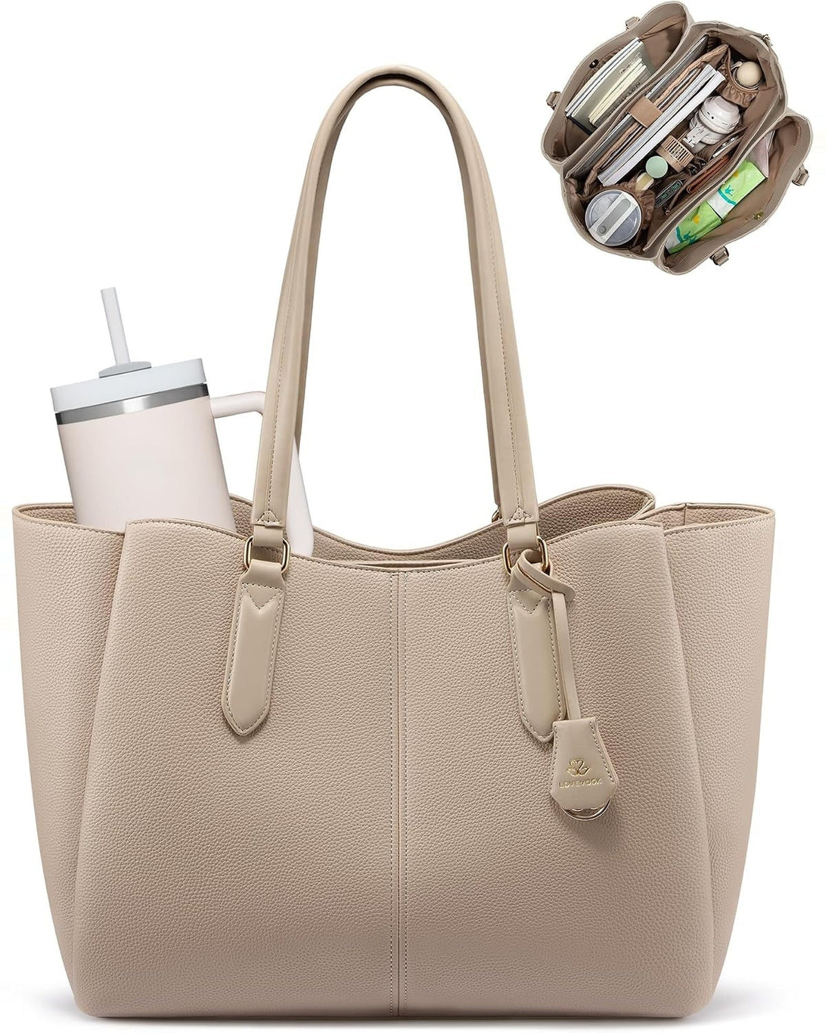 Triple-compartment work tote in stone seen from the front