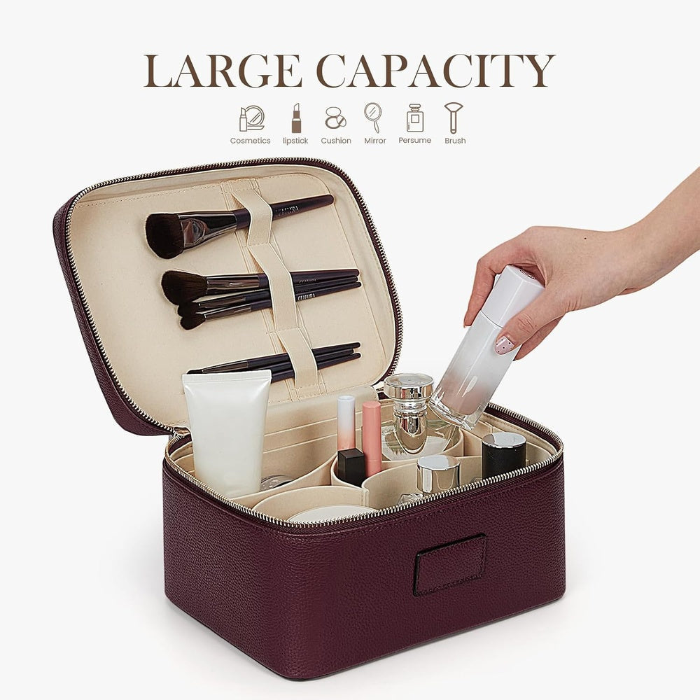 Open vanity case with elastic brush loops and space for upright bottles