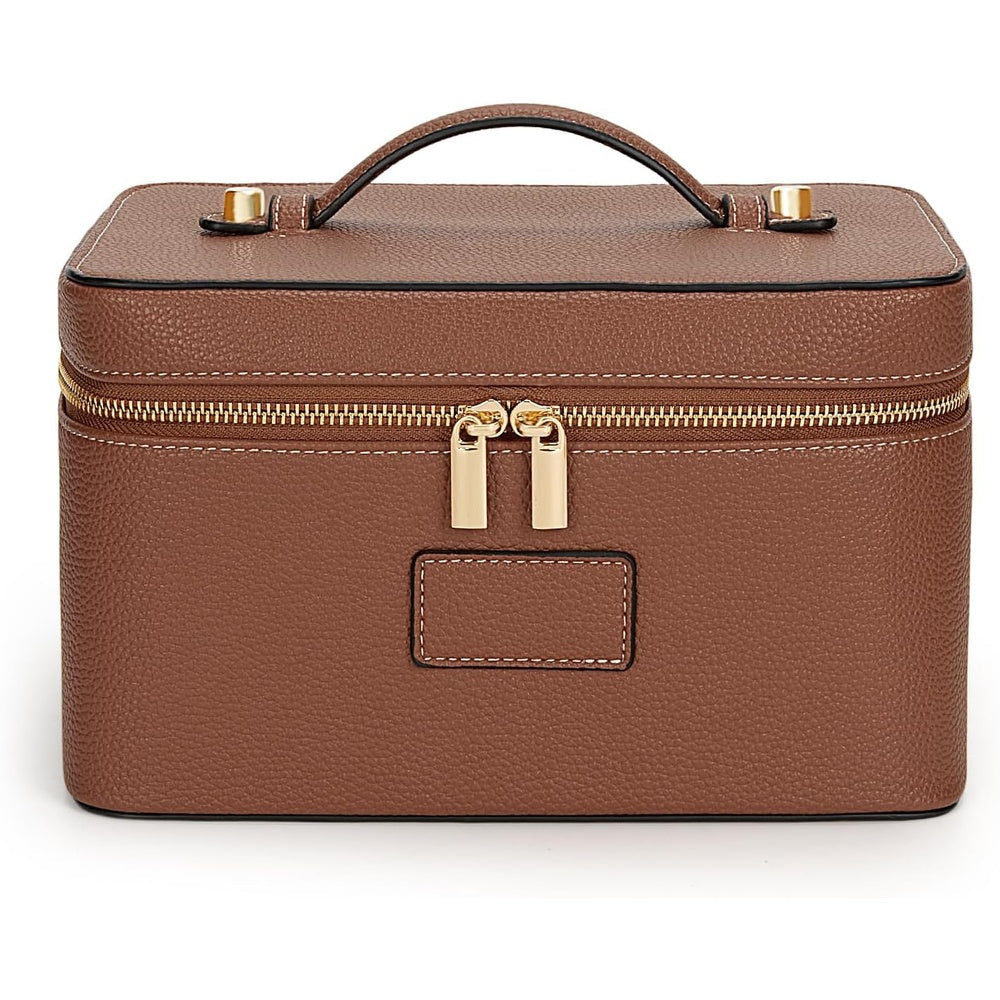 Vanity case in brown faux leather with gold-tone zips